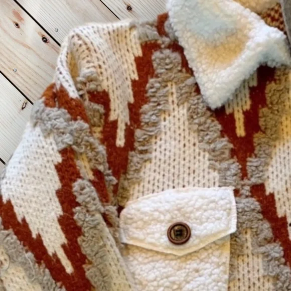 New Boho Aztec Print Sweater Sherpa Trim Coat LAST ONE! - Picture 5 of 5